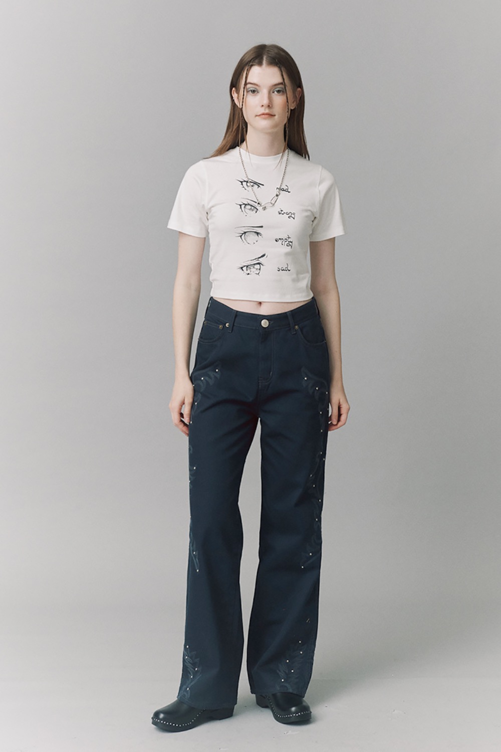 Western Embroidery Boot-Cut Pants [Navy]