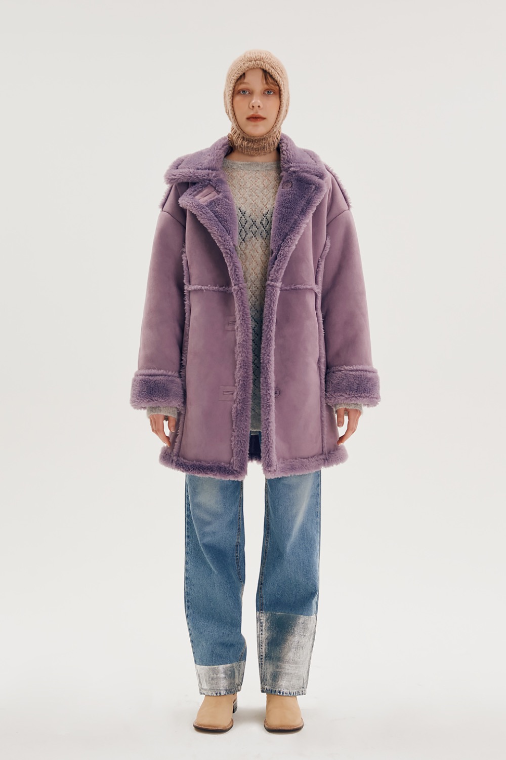 Reversible wool half coat [Purple,Beige]