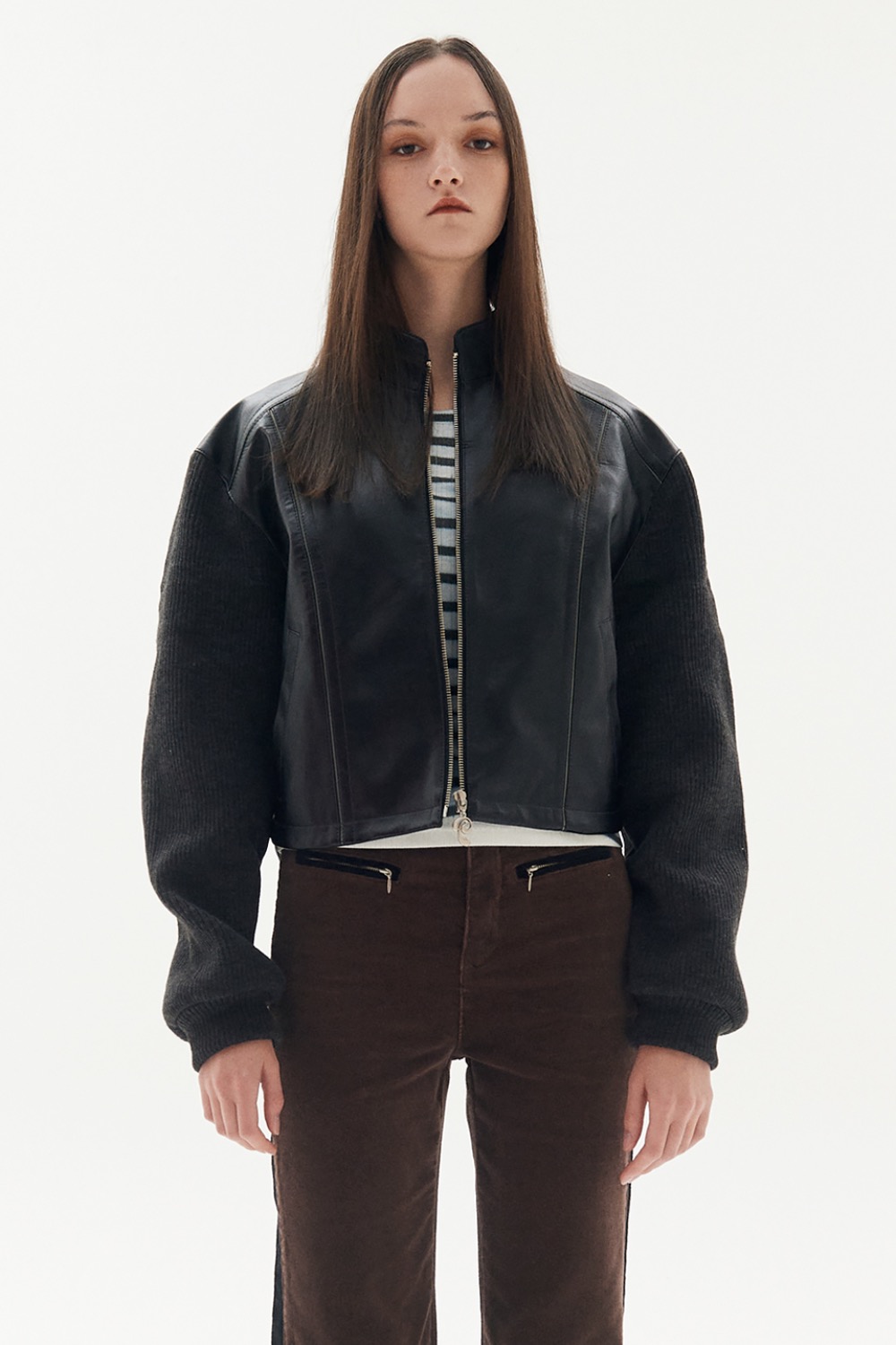Technical knit leather jacket [Black]
